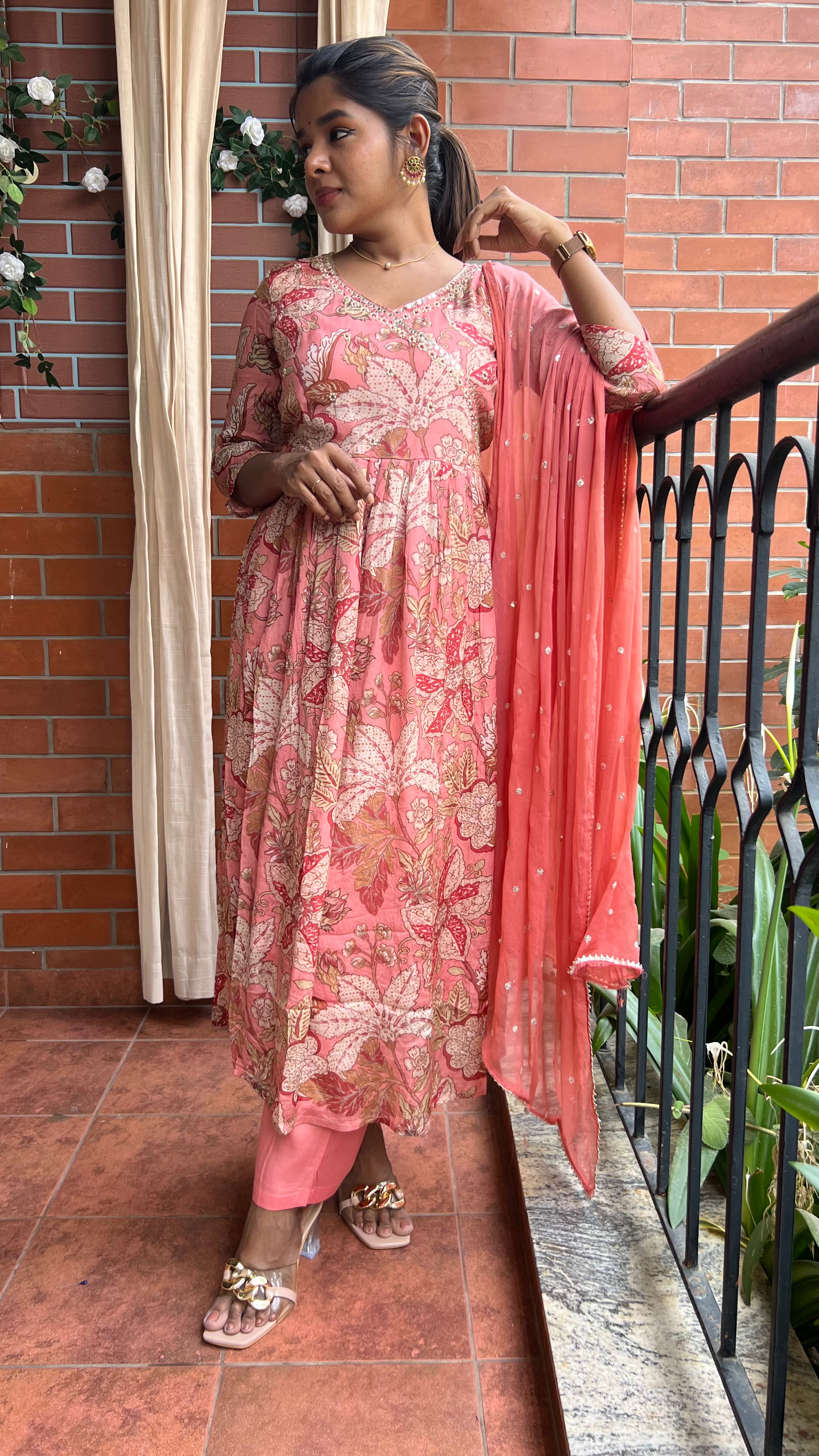 Peach Chinnon floral printed 3 piece kurti suit