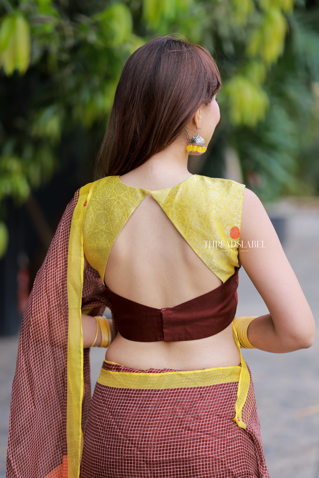 Brown jute saree with banarasi hand work blouse