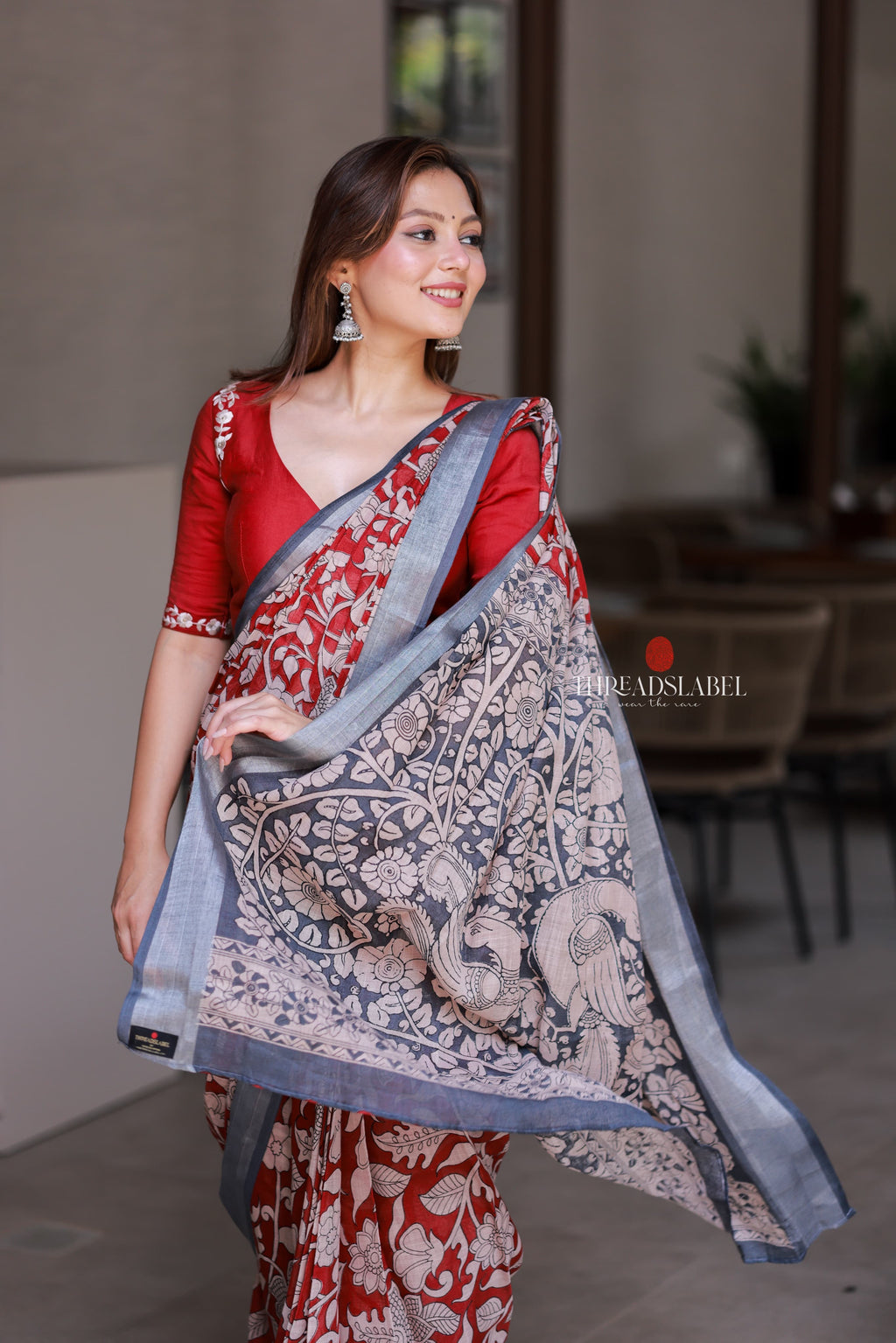 Reddish maroon linen cotton kalamkari saree with embroidery blouse