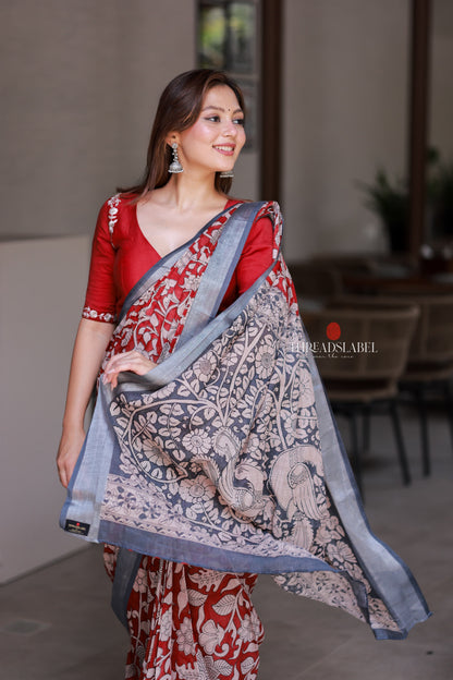 Reddish maroon linen cotton kalamkari saree with embroidery blouse