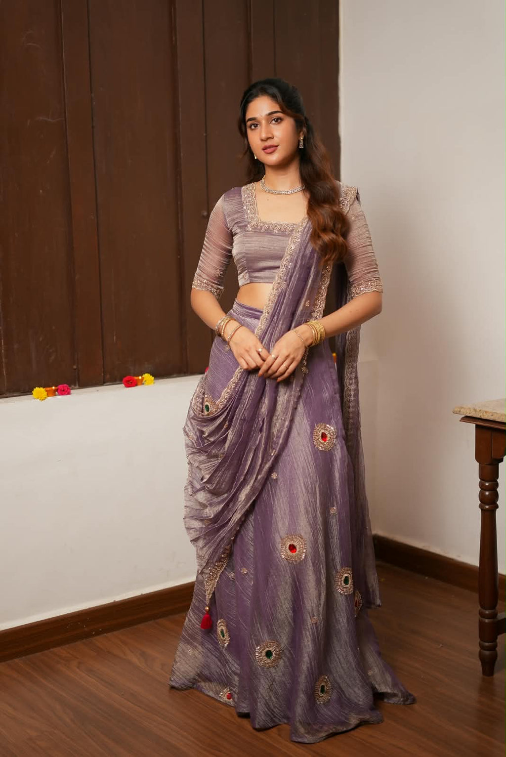 Lavender tissue handmade lehenga with blouse