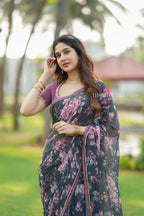 Grey georgette floral print saree (only saree)