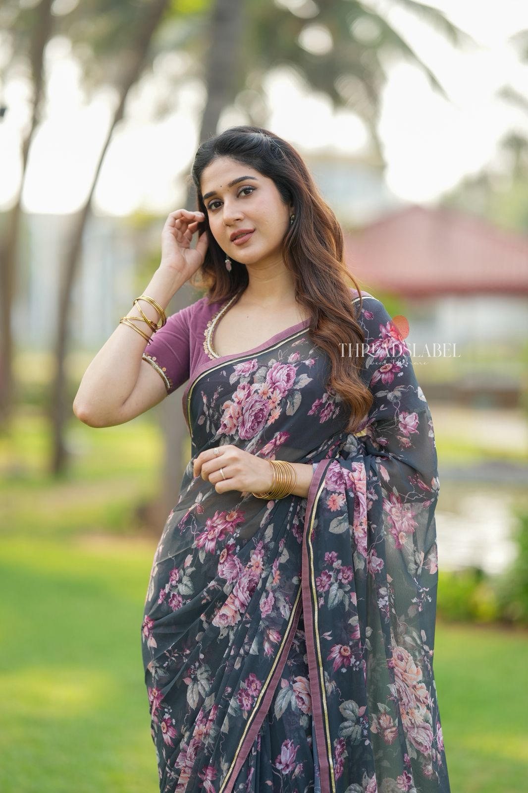 Grey georgette floral print saree (only saree)