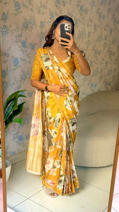 Mustard yellow marble saree with pearl work blouse