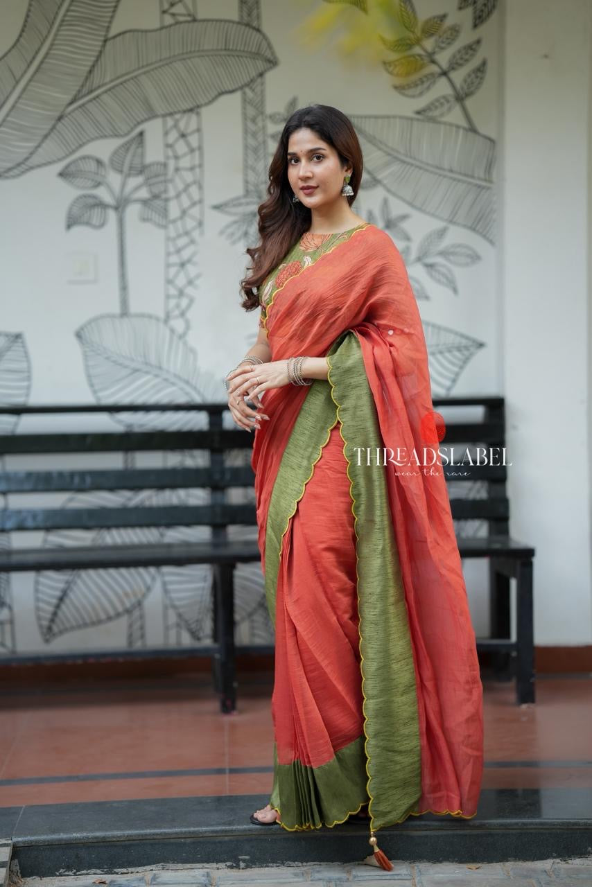 Orange rust mul cotton saree with kalamkari mirror blouse