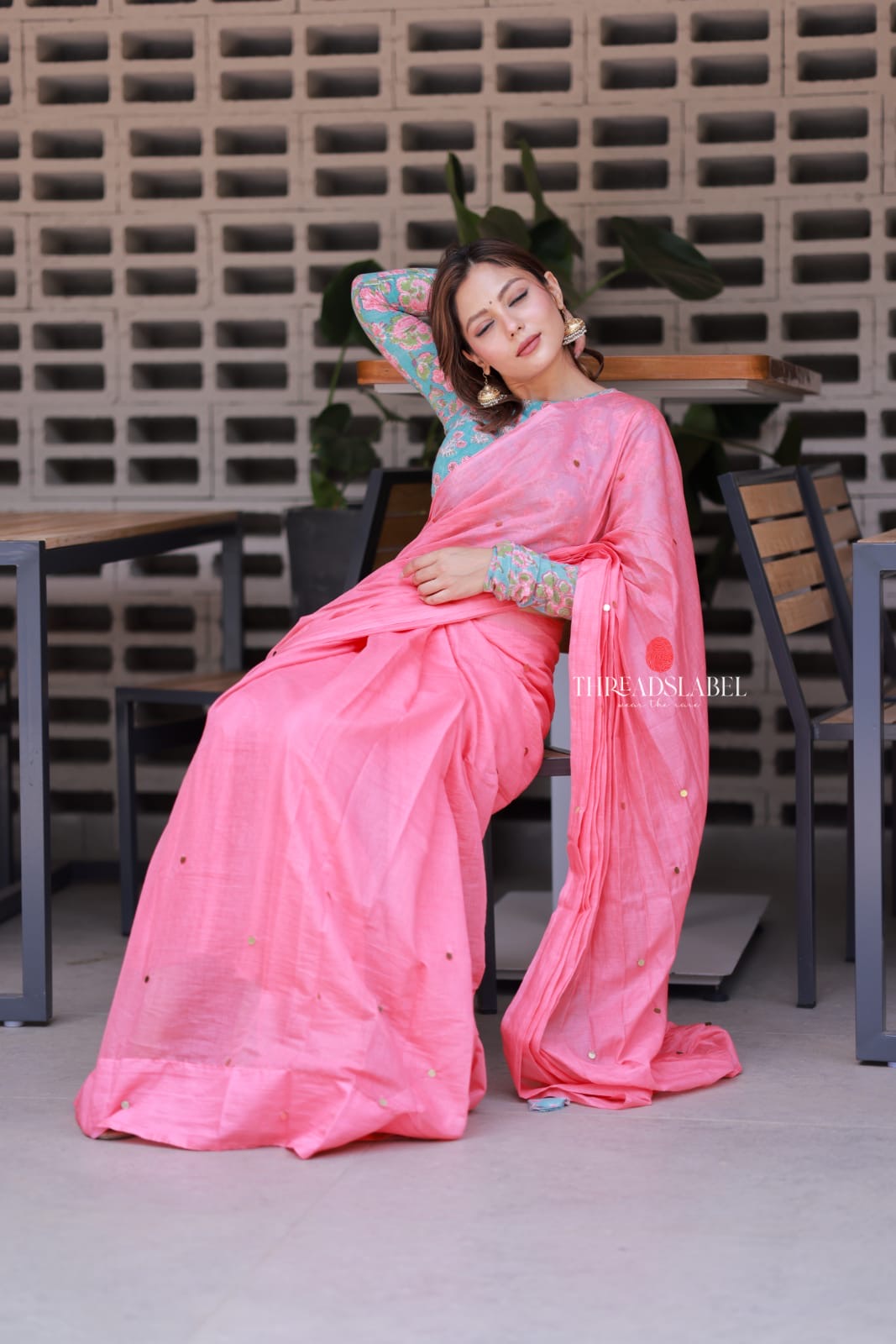 Baby pink mul chanderi saree with floral blouse