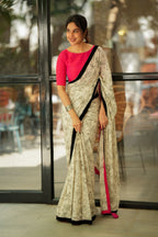 Half white mul cotton kalamkari saree with handwork blouse