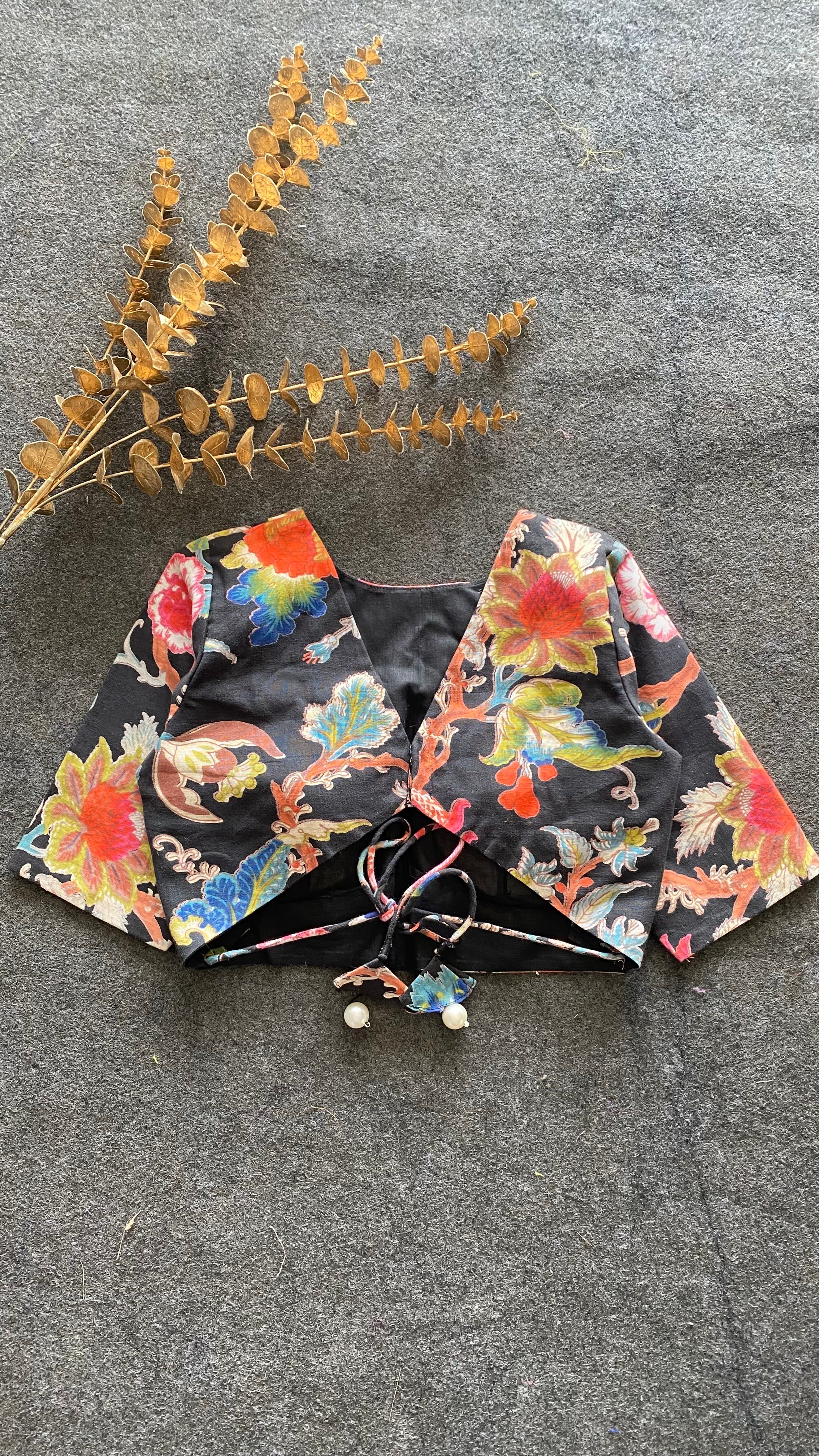 Black floral printed cotton blouse