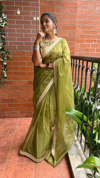 Apple green checked organza saree with velvet embroidery blouse