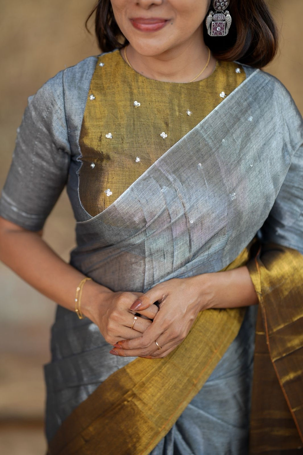 Silver grey gold soft tissue saree with handwork blouse