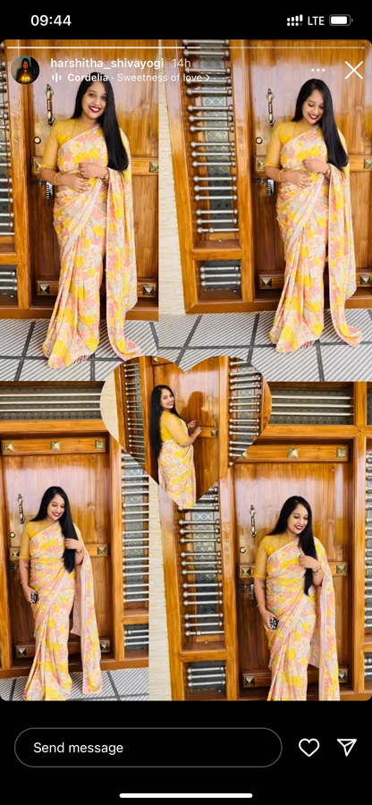 Yellow viscose floral saree with hand worked blouse