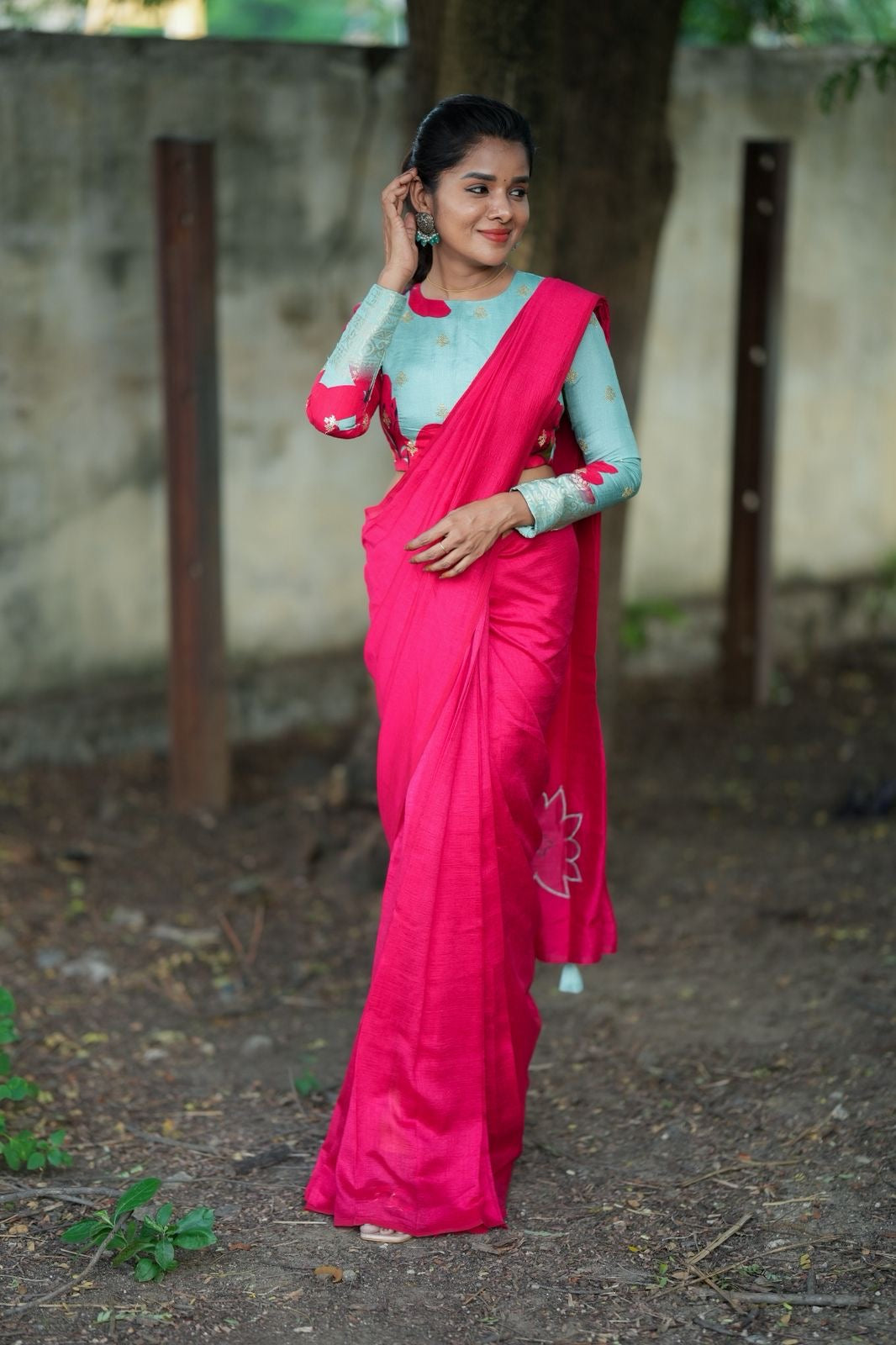Pink marble silk saree with  embroidery blouse
