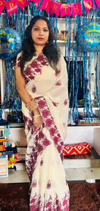 Cream kota cotton saree with mirror work blouse
