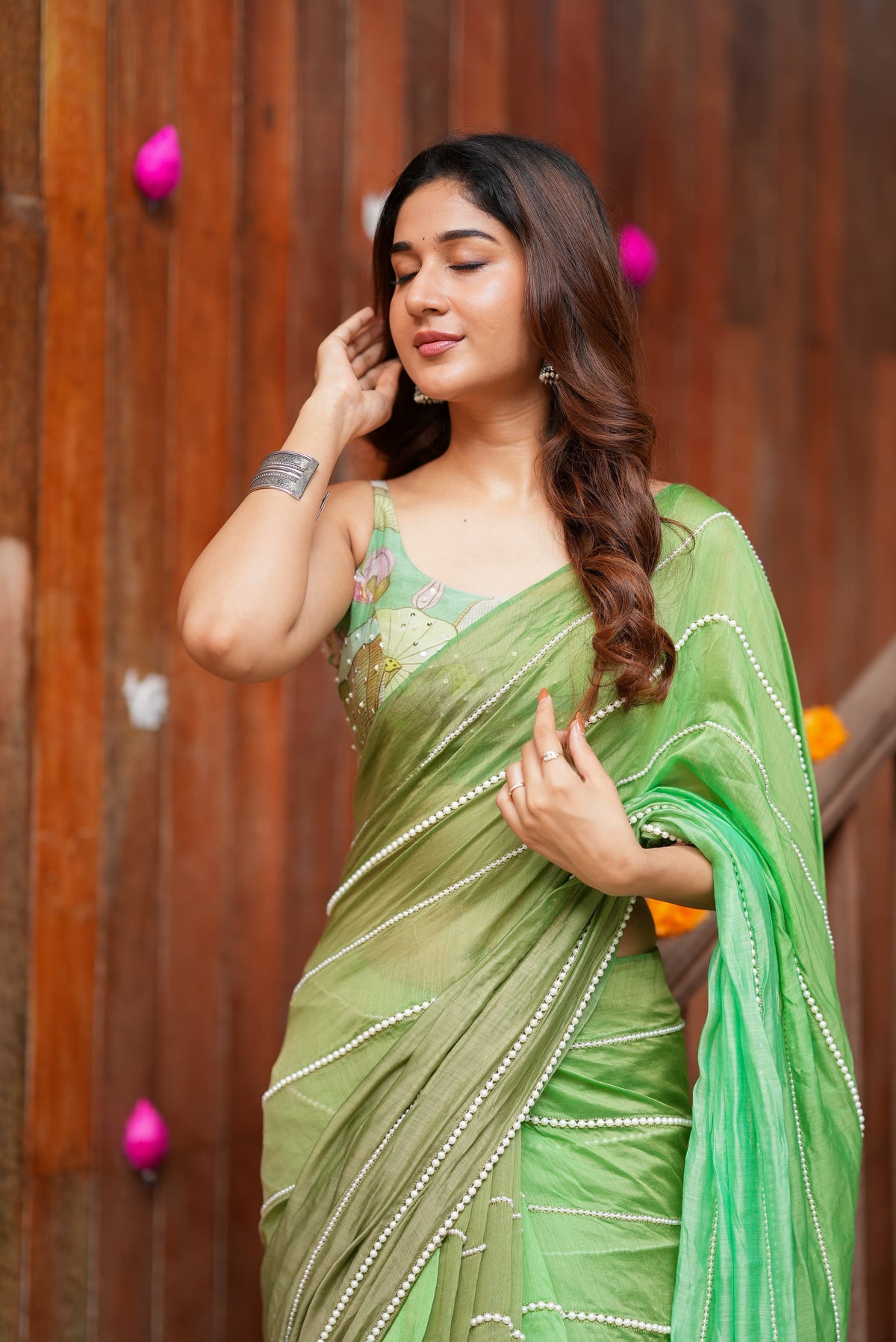 Multi Green Mul Chanderi Saree with Handwork Blouse