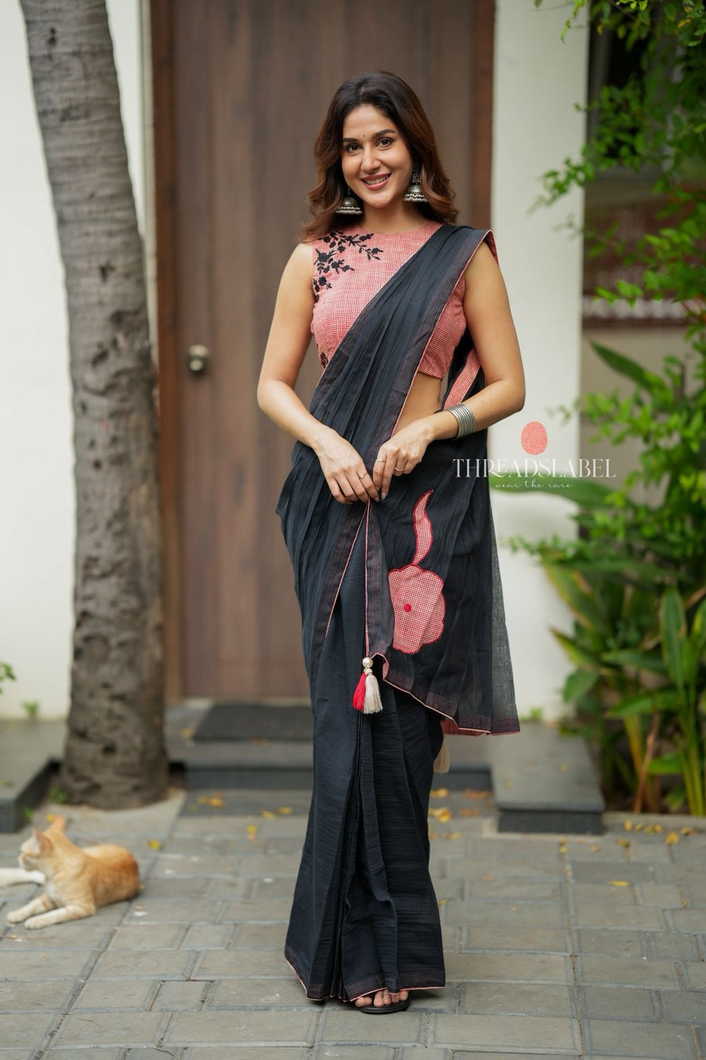 Black mul chanderi saree with pink embroidery blouse