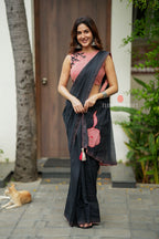 Black mul chanderi saree with pink embroidery blouse