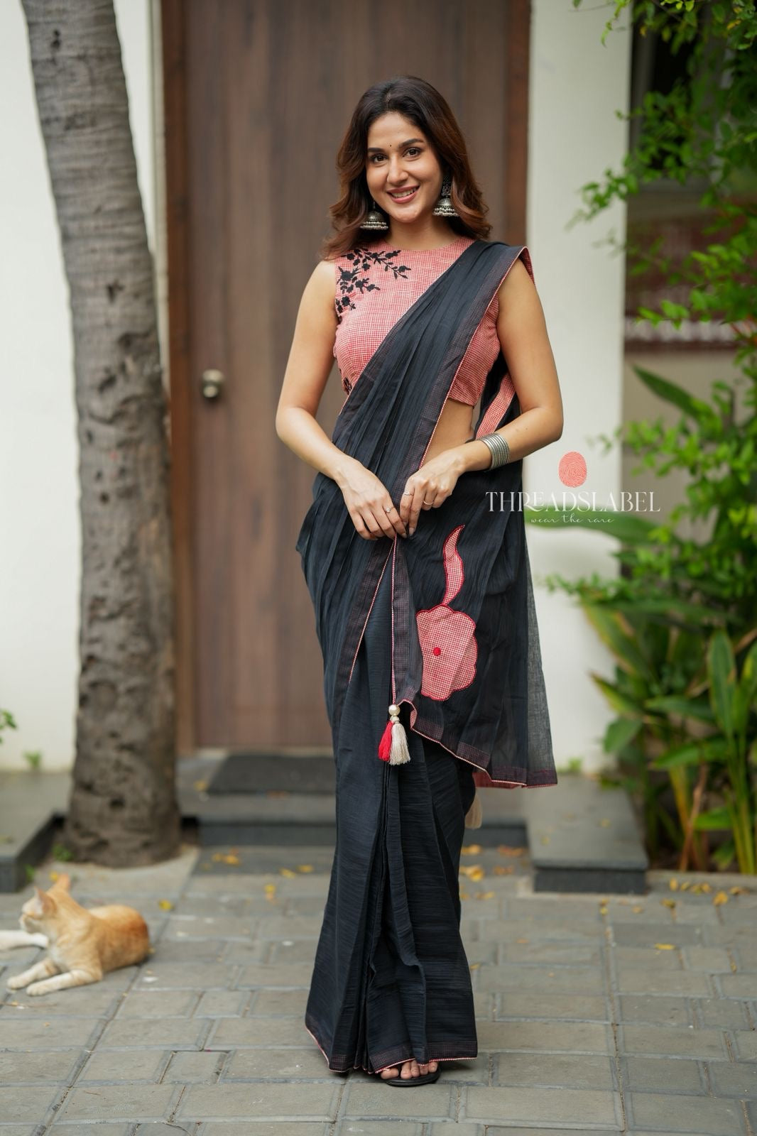 Black mul chanderi saree with pink embroidery blouse