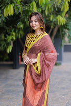 Brown jute saree with banarasi hand work blouse