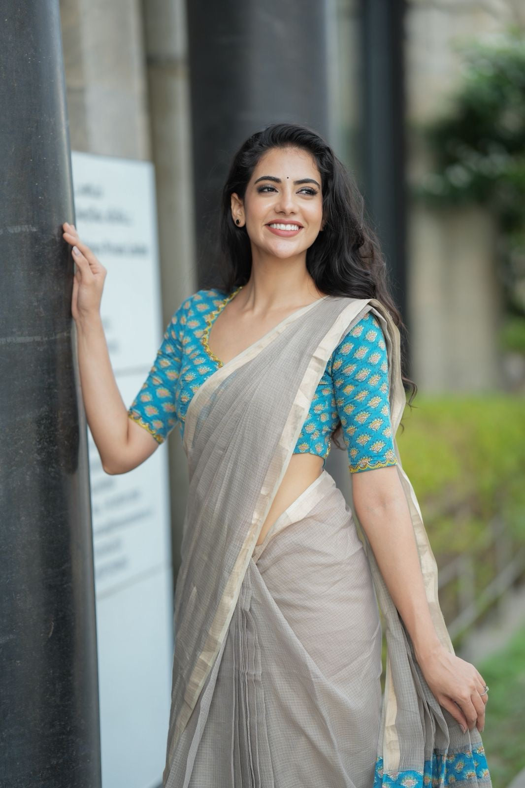 Grey pure kota saree with blue hand work blouse