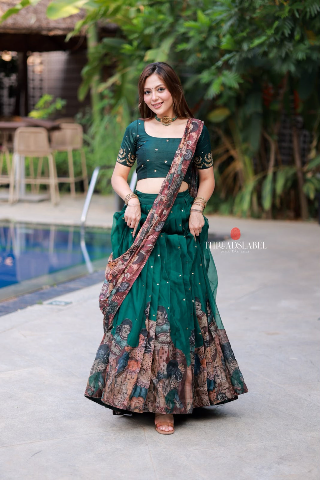 Green kalamkari handwork lehenga