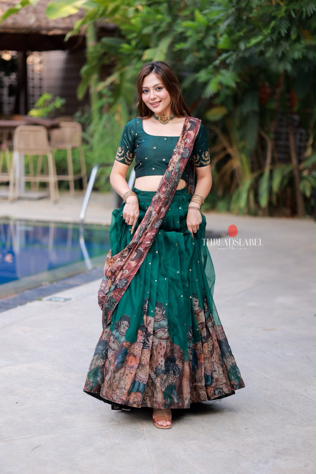 Green kalamkari handwork lehenga