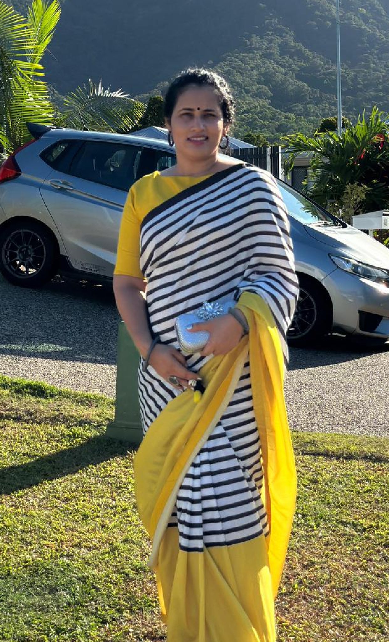 Black & white striped kossa saree with yellow embroidery blouse