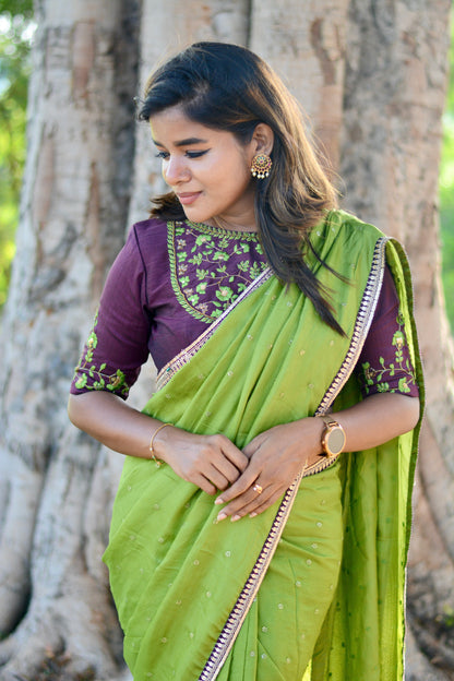 Green jute saree with brown hand worked blouse