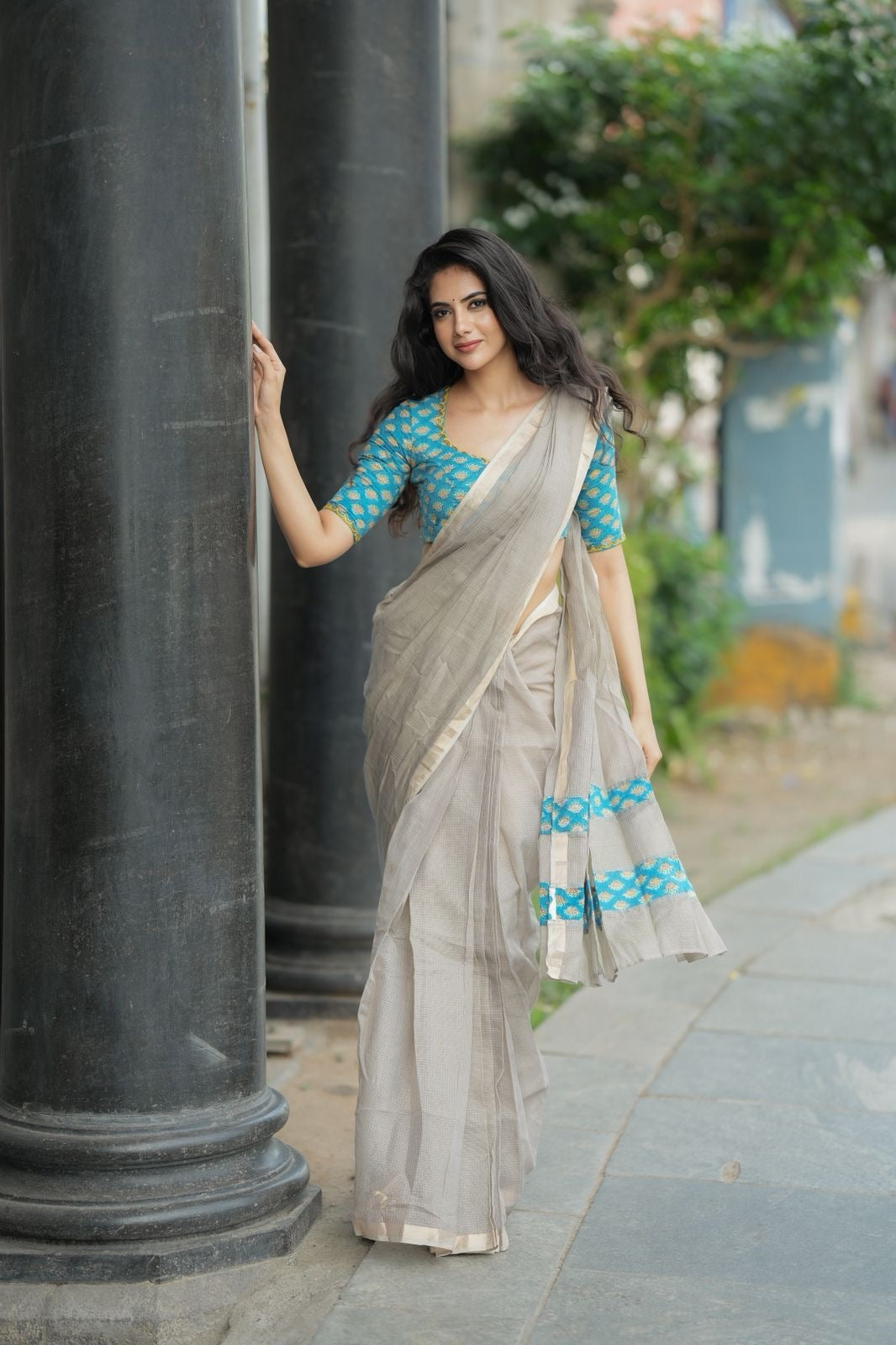 Grey pure kota saree with blue hand work blouse