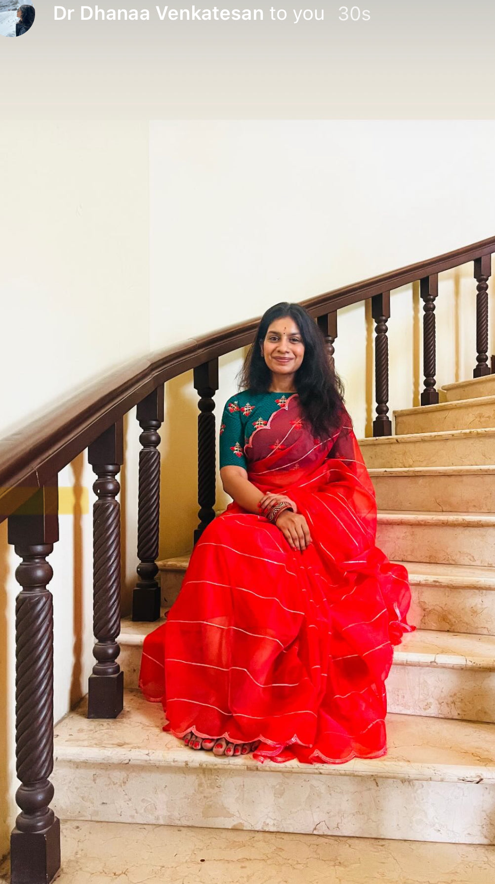 Reddish organza saree with green velvet blouse