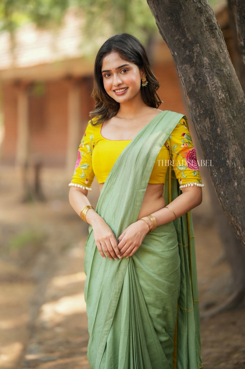 Yellow silk floral embroidery blouse (only blouse)