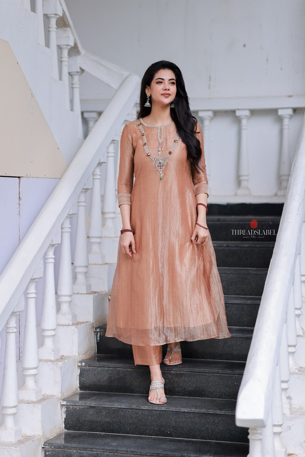 Peach tissue JEWEL NECK kurti