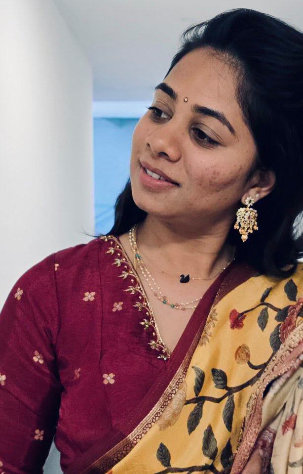 Blue silk printed saree with hand worked blouse