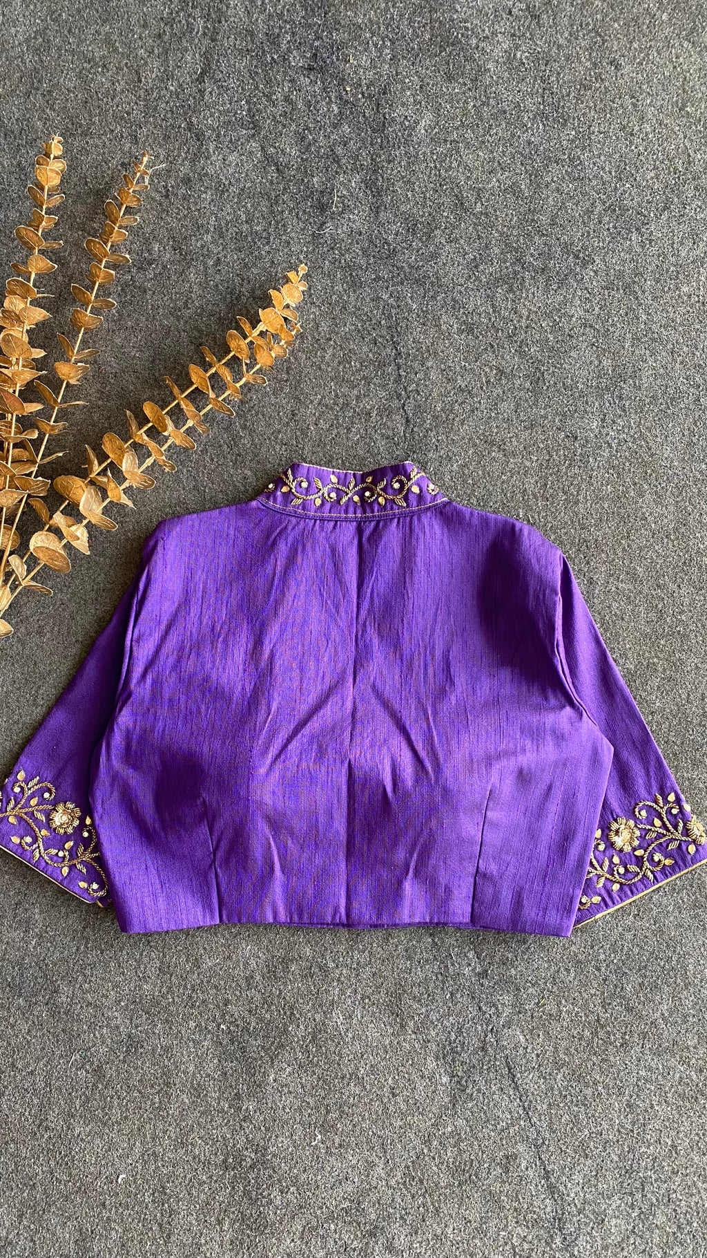 Purple silk collar & sleeves hand worked blouse