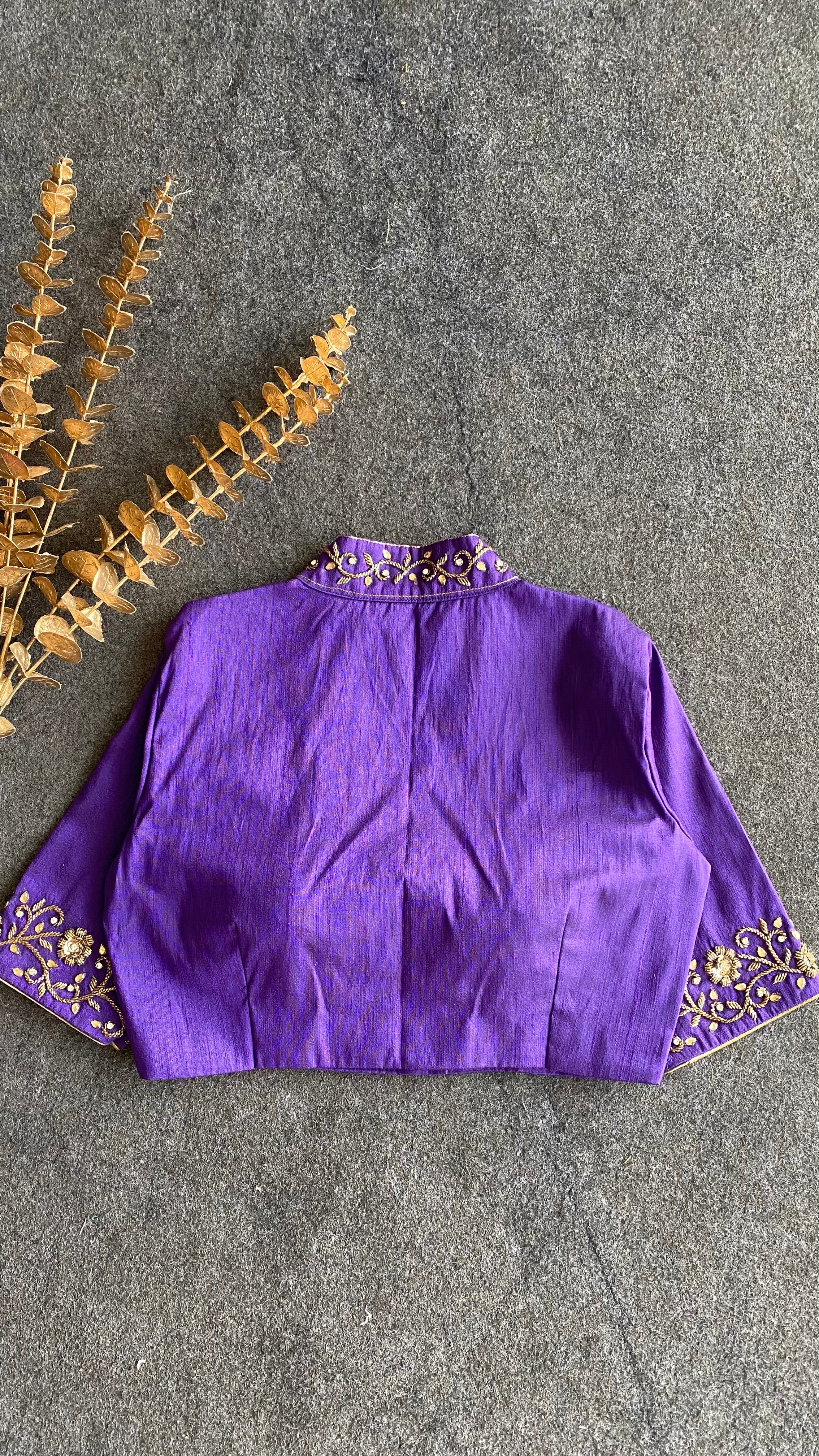 Purple silk collar & sleeves hand worked blouse