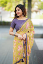 Mehandi green georgette saree with hand work blouse