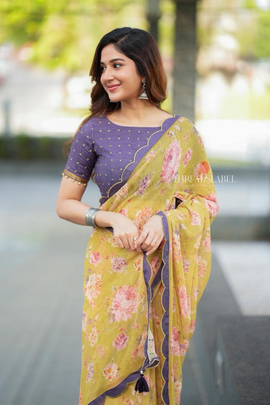 Mehandi green georgette saree with hand work blouse