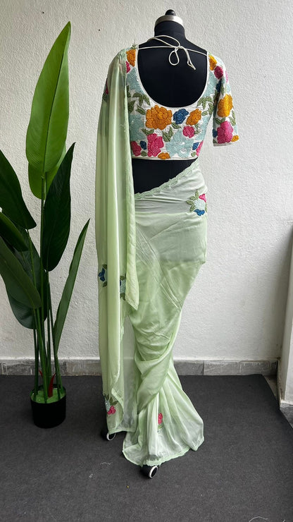 Pista green hand made organza saree & blouse