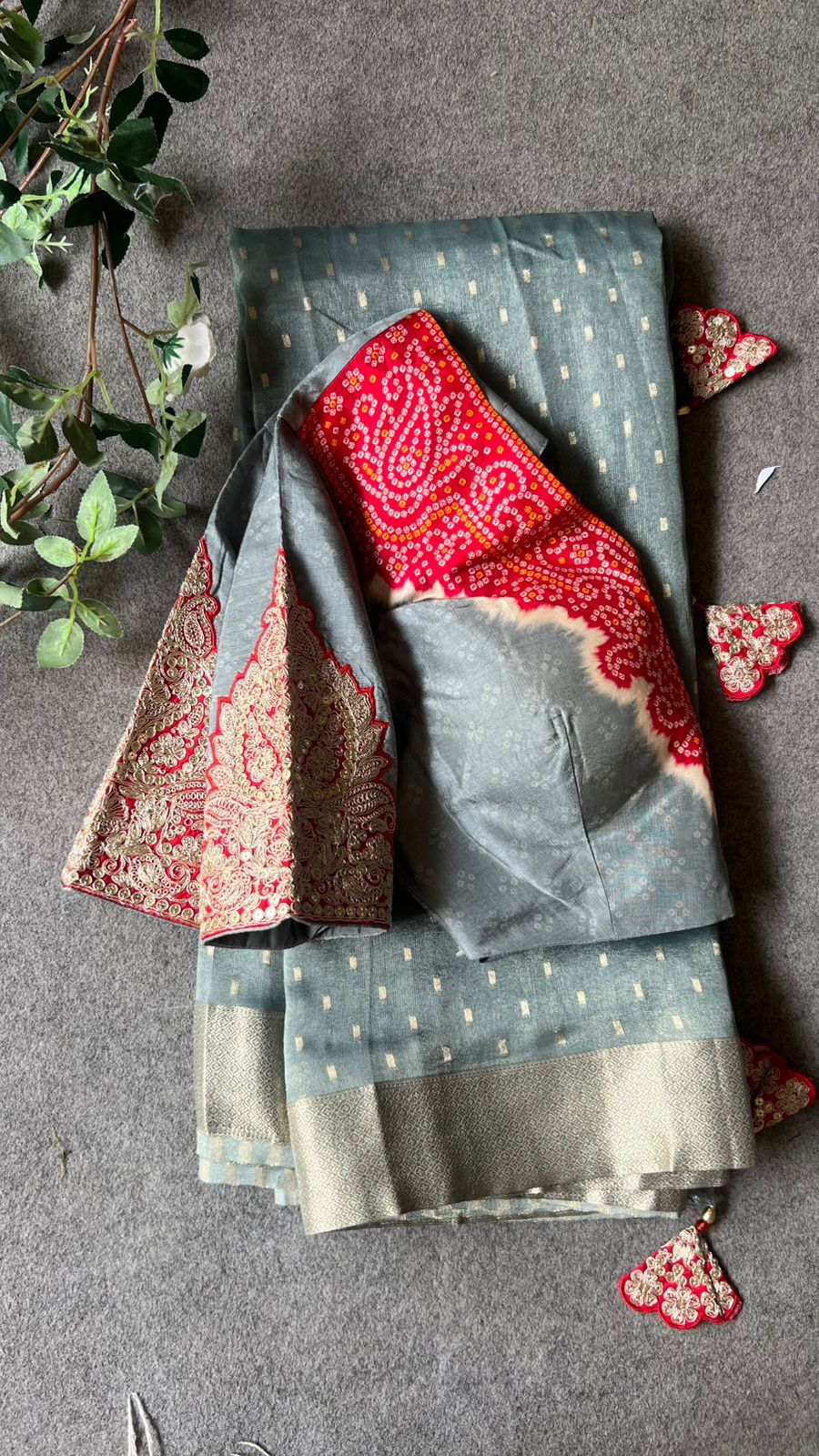 Grey banarasi saree with heavy embroidery blouse