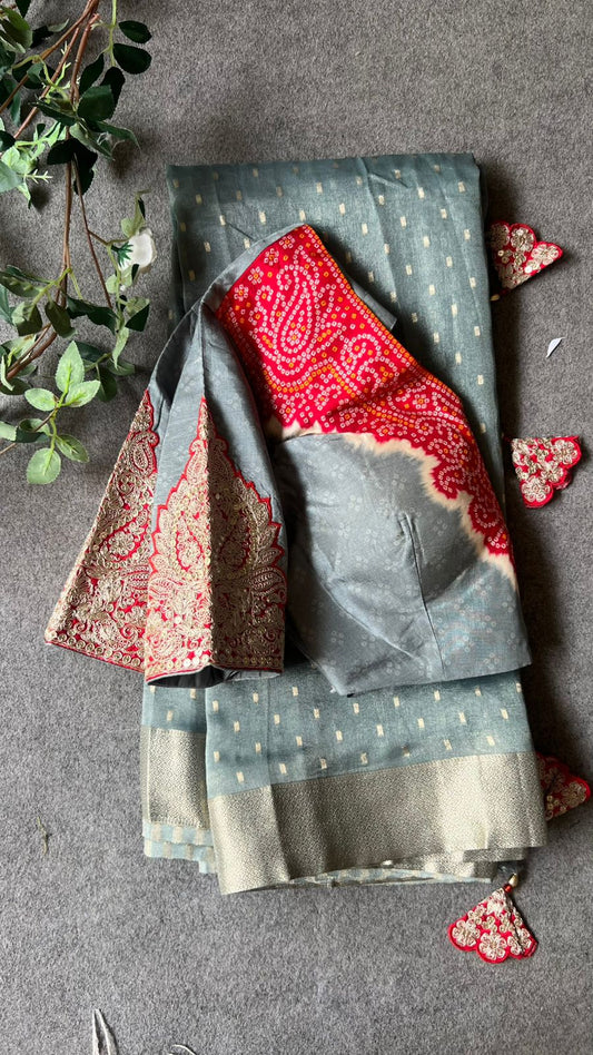 Grey banarasi saree with heavy embroidery blouse