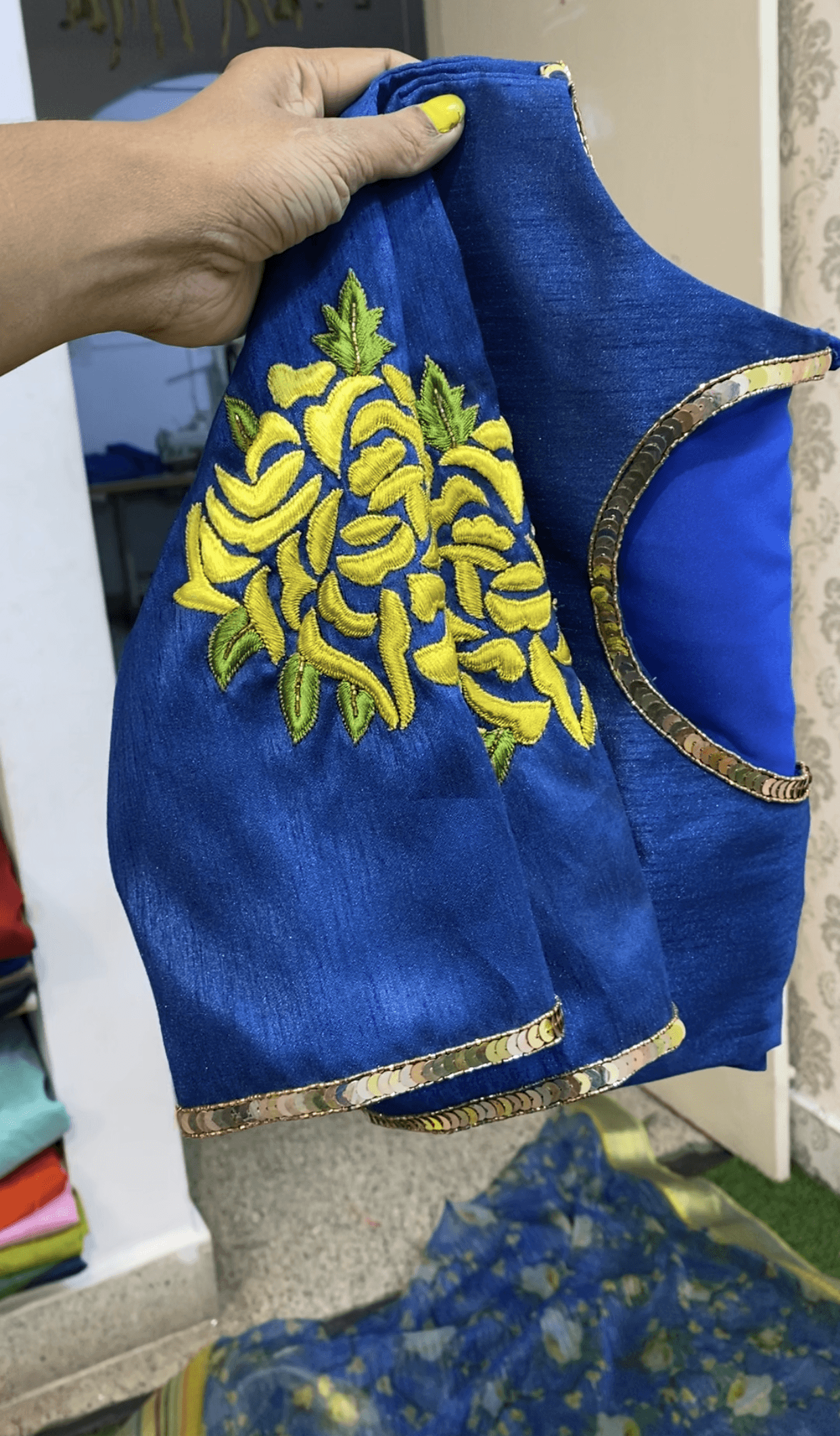 Blue Silk Blouse with Threaded Floral hand work