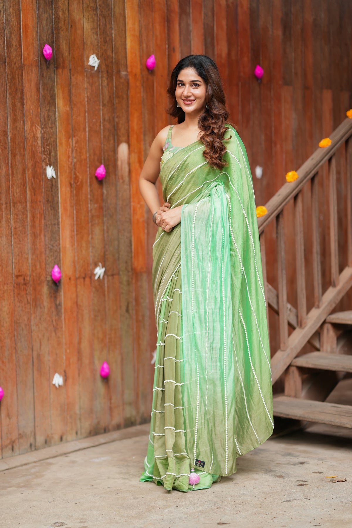 Multi Green Mul Chanderi Saree with Handwork Blouse