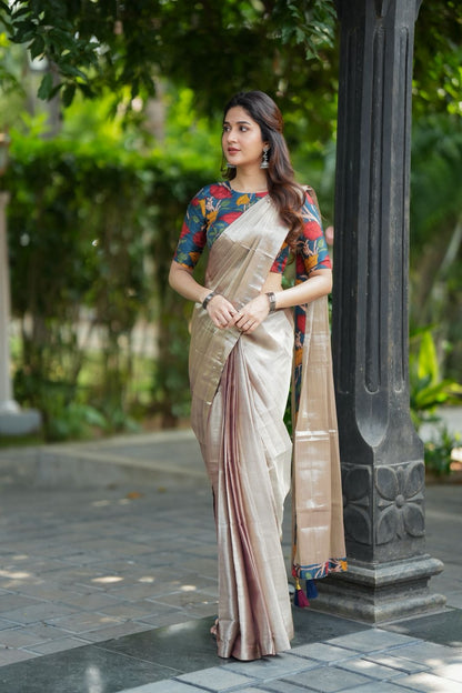 Silver soft tissue saree with blue kalamakari blouse