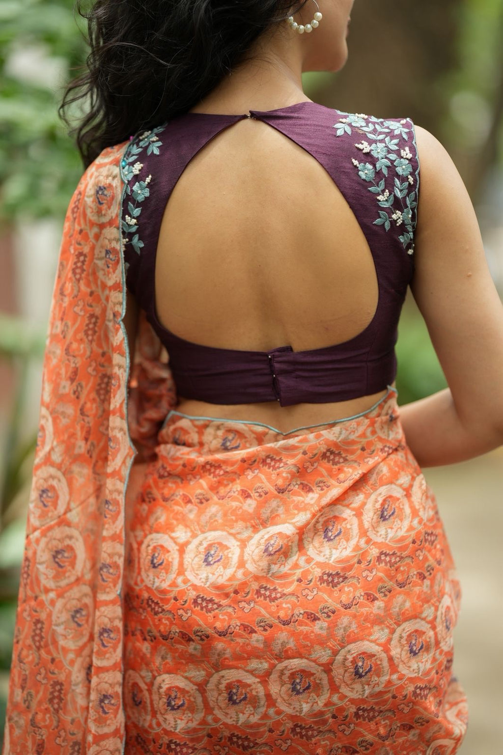 Pastel peach chiffon saree with brown hand work blouse