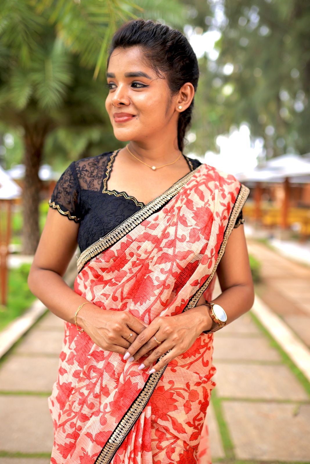 Cream red kota doria designer saree