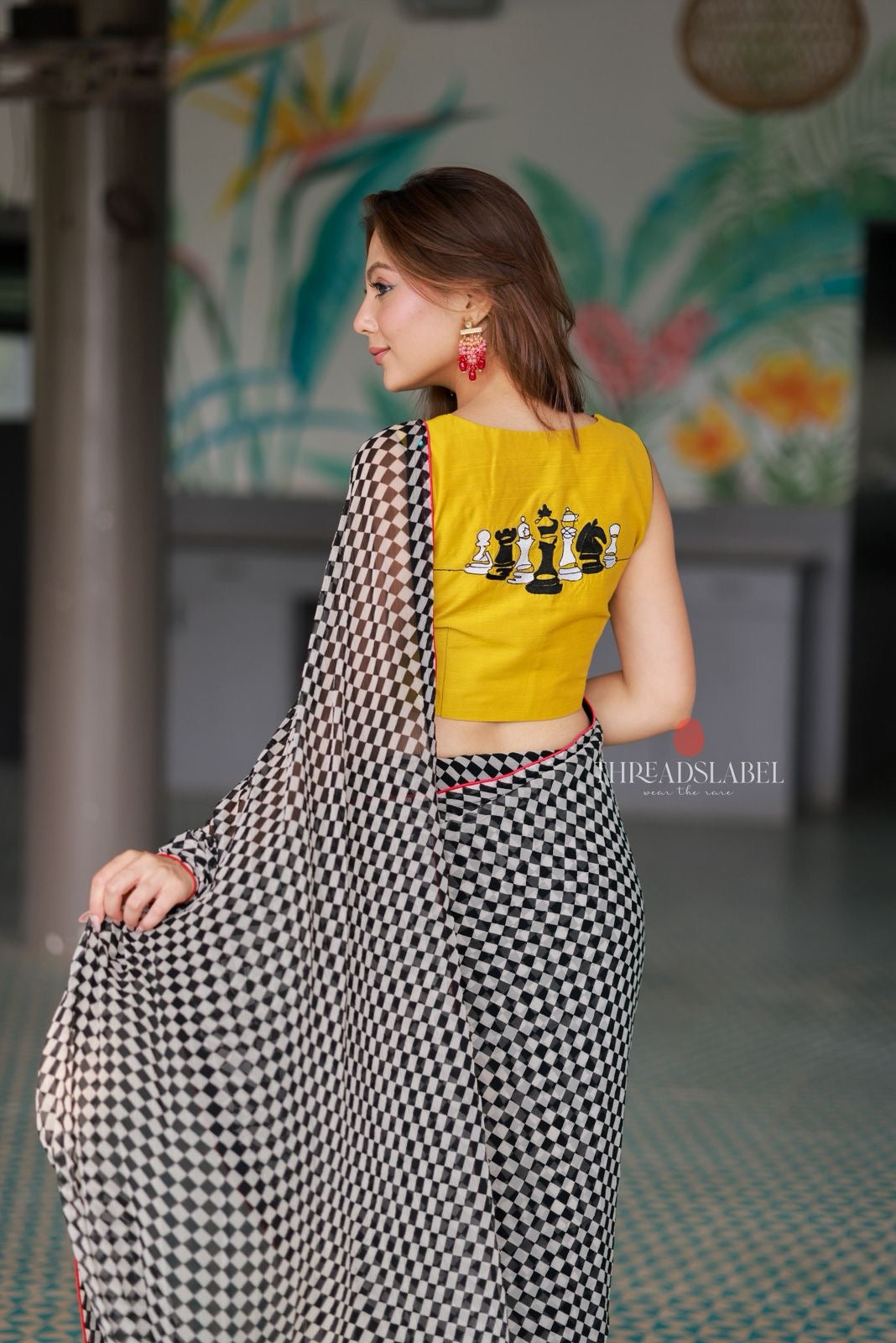 Black & white matrix chiffon saree with chess blouse