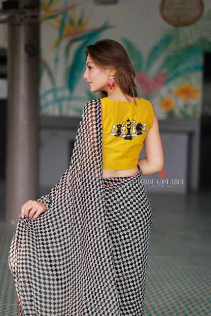 Black & white matrix chiffon saree with chess blouse