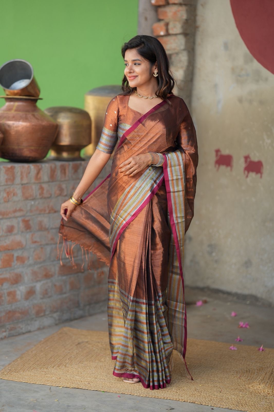 Copper soft tissue saree with handwork blouse
