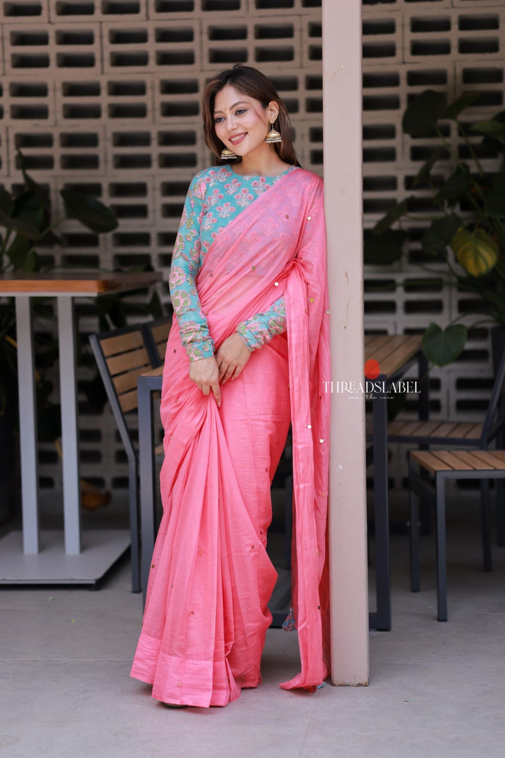 Baby pink mul chanderi saree with floral blouse