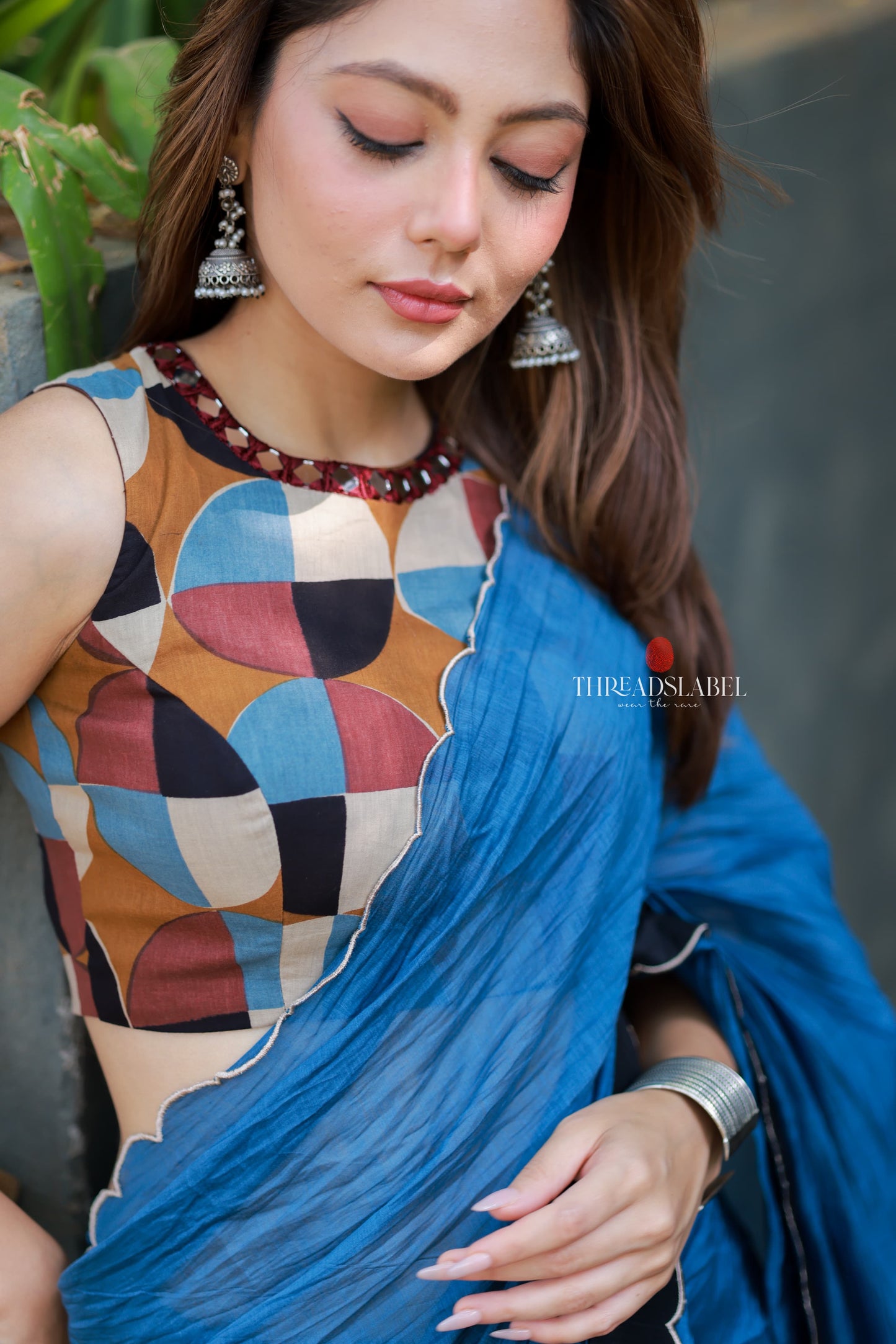 Blue mul chanderi saree with mirror work blouse