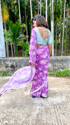 Purple floral georgette saree with hand worked blouse